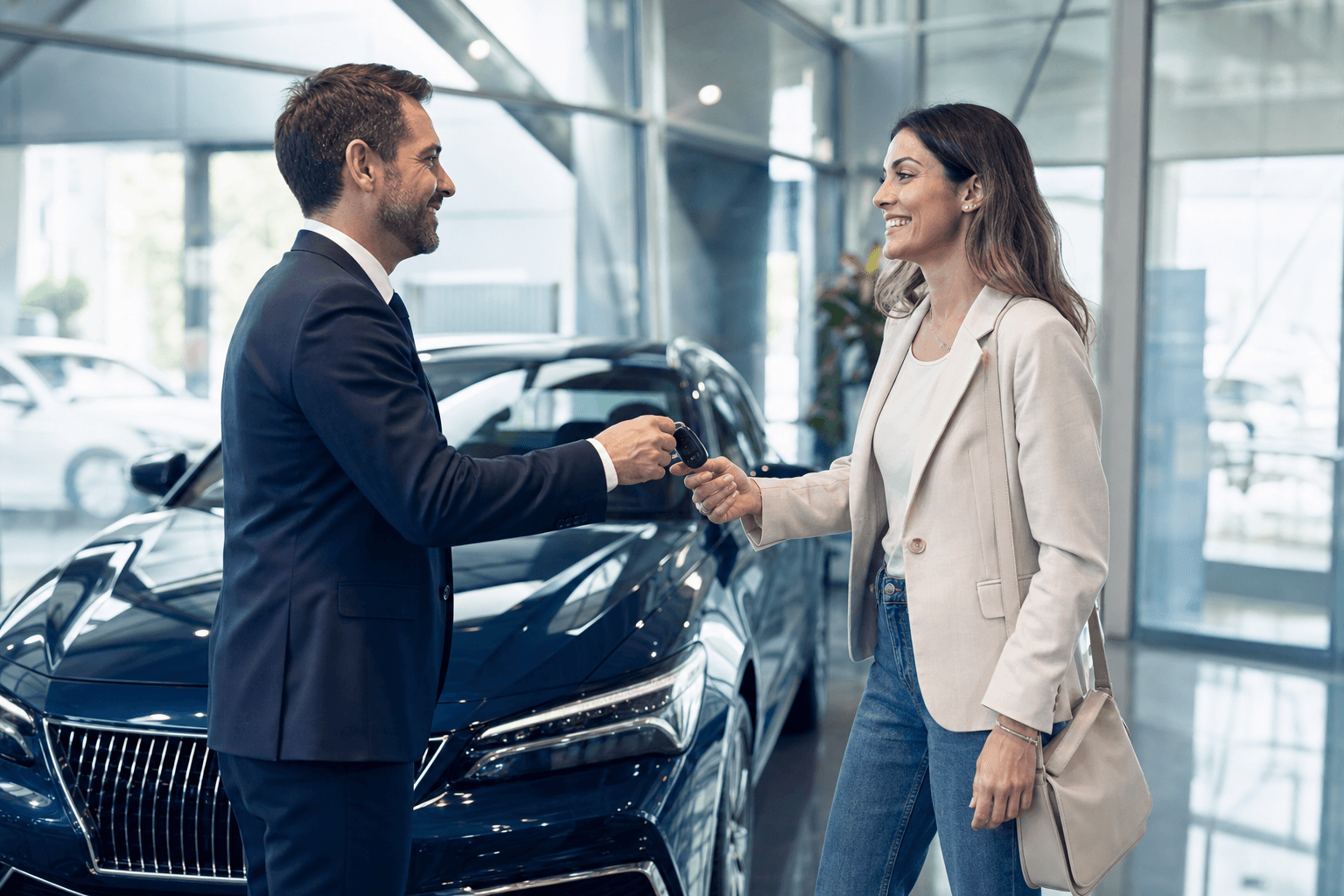 Verkäufer übergibt einem Kunden im Showroom die Fahrzeugschlüssel